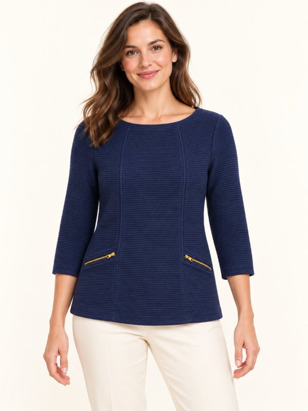 Boden Ottoman Zip Top Women’s US 6 Navy Ribbed Cotton 3/4 Sleeve